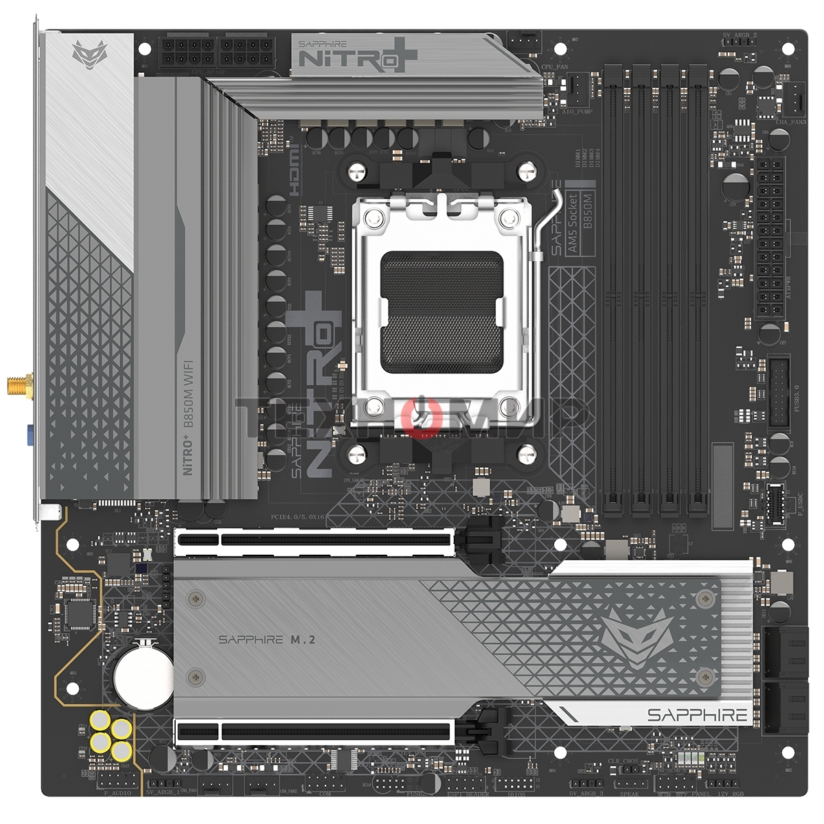 Материнская плата Sapphire B850M NITRO+ WIFI B850, AM5, 4*DDR5, 2*PCIEx16, 2*M.2, 2*TypeC, 3*USB3.2Gen2, 2*USB3.2Gen1, 6*USB2.0, 4*SATA3.0, 2.5G, DP, HDMI, M-ATX, RTL