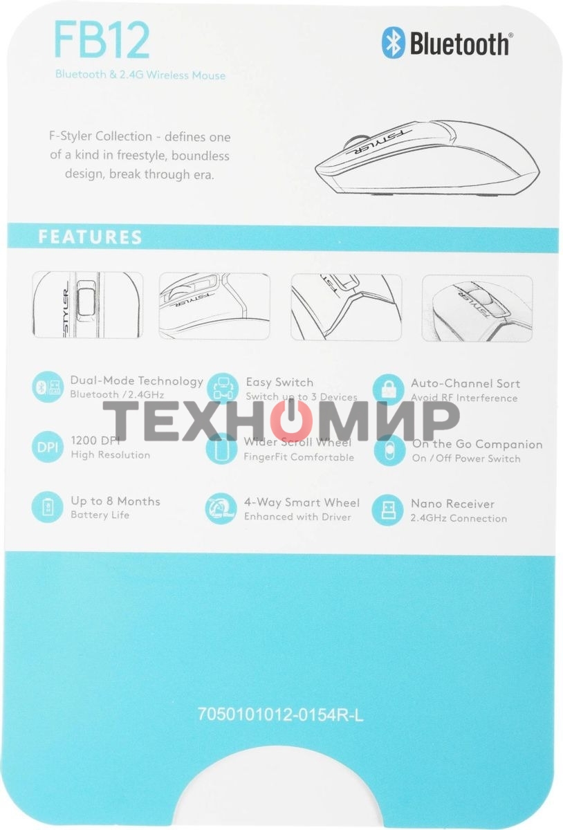 Мышь беспроводная A4Tech Fstyler FB12 белый, 1200 dpi, радиоканал, Bluetooth, USB, кнопки - 3