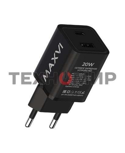 Сетевое зарядное устройство Maxvi A354PD Type-C 20W PD3.0 + USB 2.4A, черный