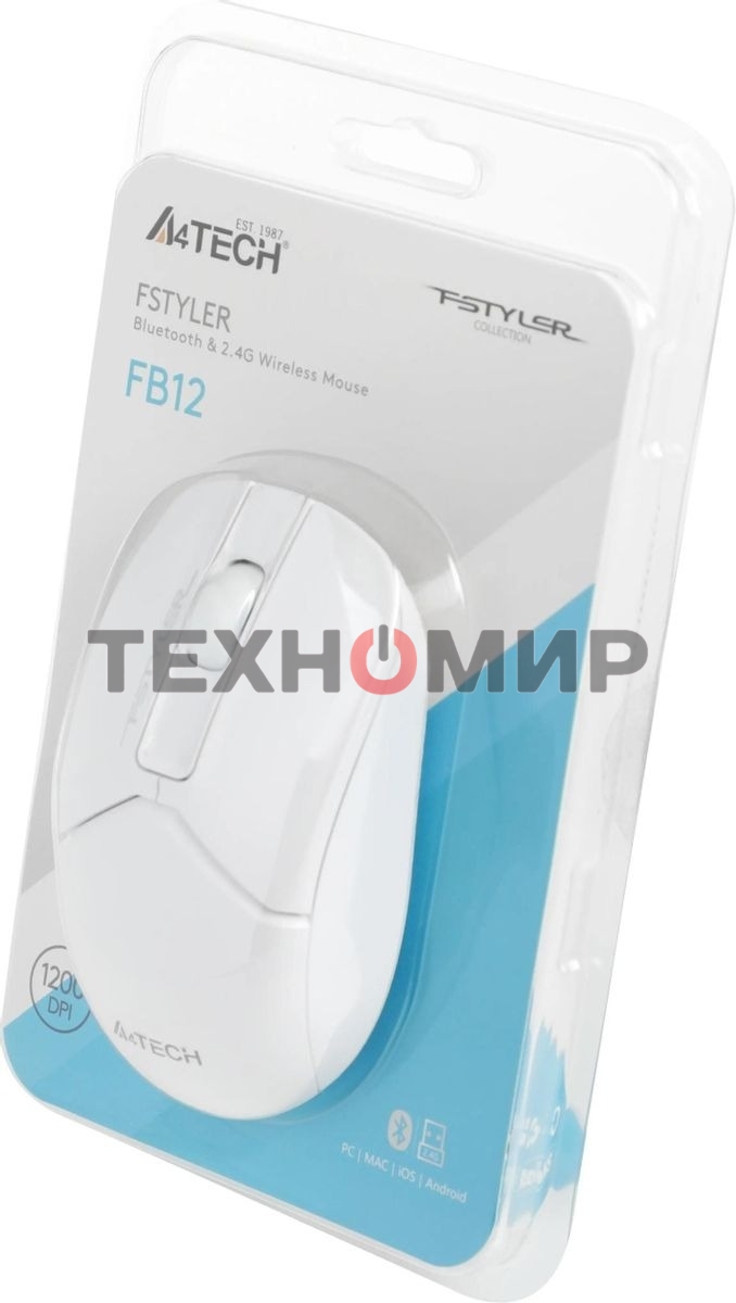Мышь беспроводная A4Tech Fstyler FB12 белый, 1200 dpi, радиоканал, Bluetooth, USB, кнопки - 3