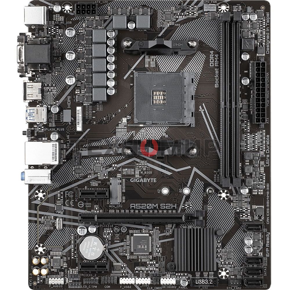 Материнская плата Gigabyte A520M S2H, AM4, AMD A520, 2xDDR4, 4xSATA, 1xM.2, 1xPCIe 3.0 x16, 2xPCIe x1, 1xHDMI, 1xDVI-D, 1xVGA, 1x 1Gb LAN, 4xUSB-A 3.2 Gen 1, 2xUSB-A 2.0, 3x3.5 мм, 7.1, mATX