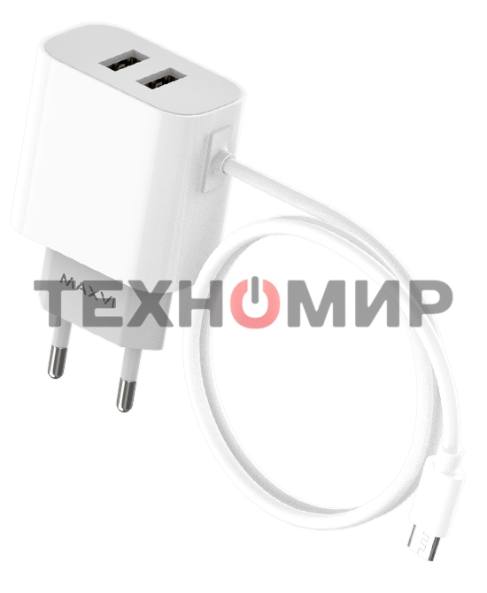 Сетевое зарядное устройство Maxvi CHL-242M 2.4A, with microUSB cable, 2хUSB-A, белый