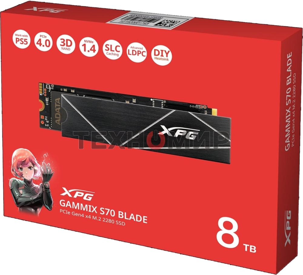Накопитель SSD ADATA XPG GAMMIX BLADE S70, 8Tb, PCIe 4.0 x4, M.2 2280, NVMe, R/W 7300/6300