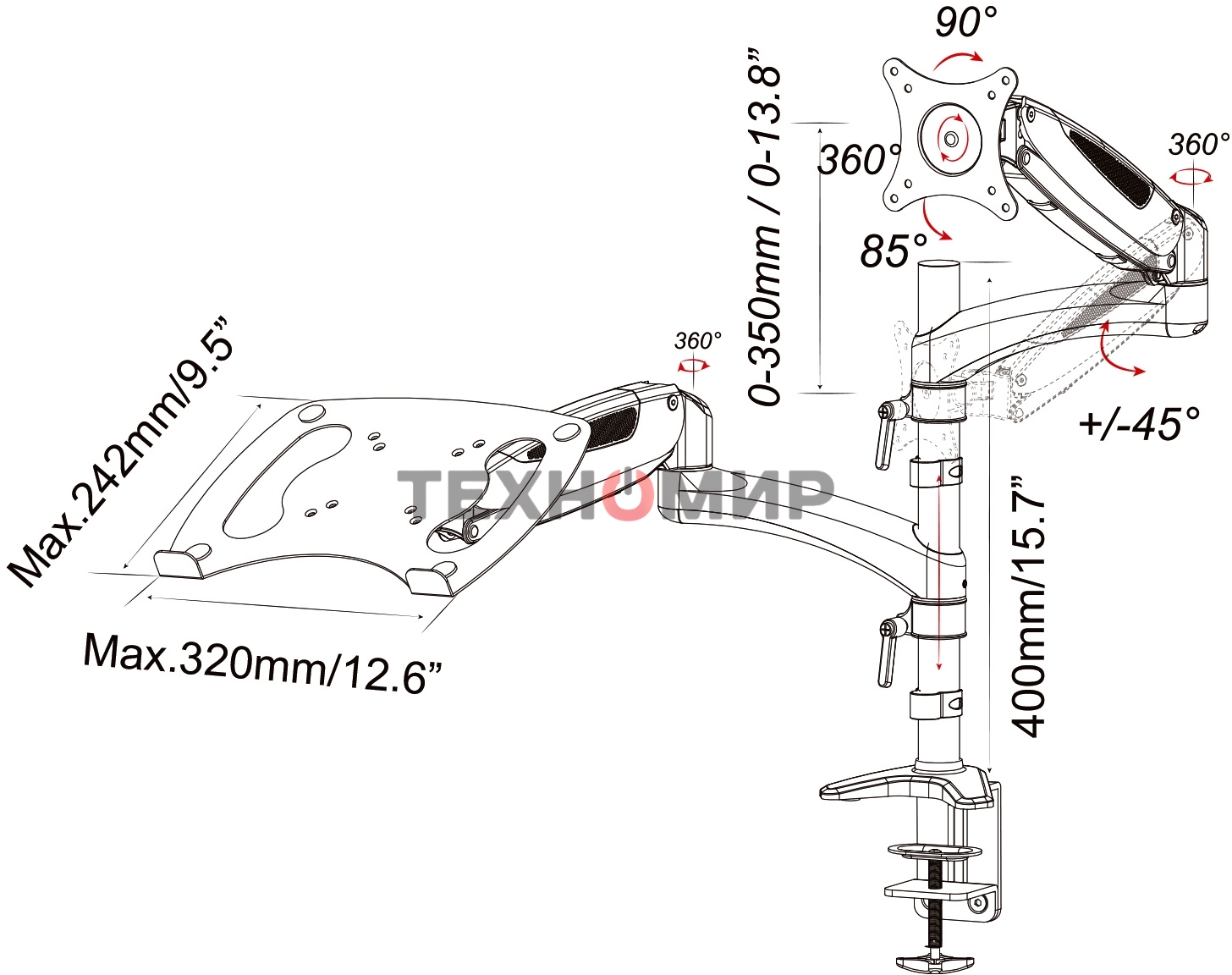 Кронштейн для монитора/ноутбука Cactus CS-VM-LH08-BK черный 13