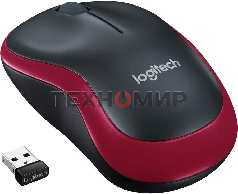 Мышь беспроводная Logitech M185, красный, 1000 dpi, радиоканал, USB, кнопки - 3