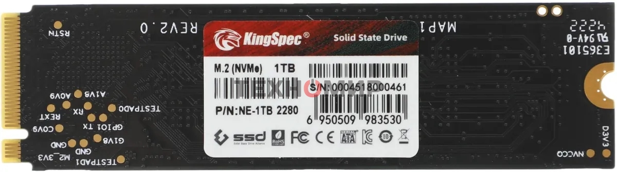 Накопитель SSD KingSpec NE-1Tb, 1Tb, PCIe 3.0 x4, M.2 2280, NVMe, R/W 2400/1900