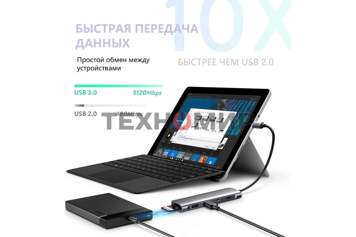 Концентратор USB-хаб UGREEN CM195-70411 Space Gray (70411)