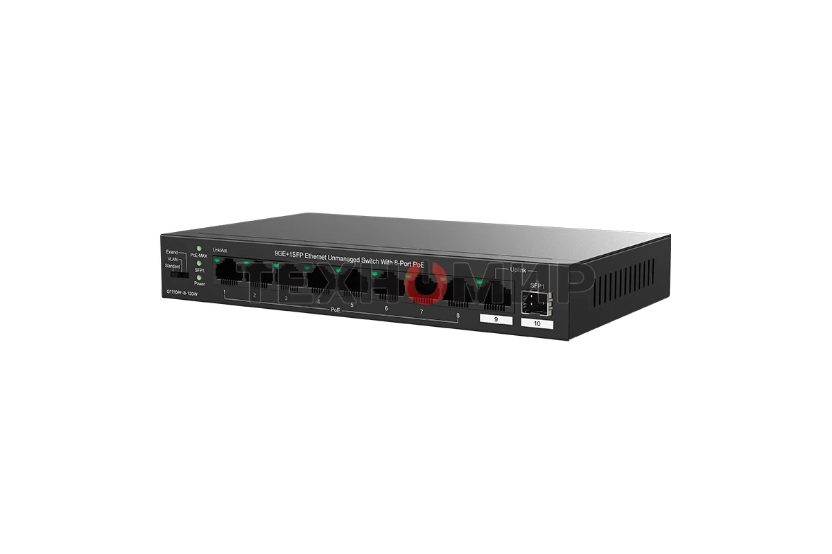 Коммутатор неуправляемый Tenda TEG1110PF-8-120W PoE, 10 портов, 9x1 Гбит/с, SFP 1х1 Гбит/с, PoE 8х30 Вт (до 102 Вт)