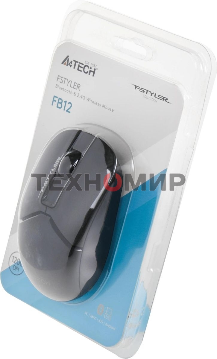 Мышь беспроводная A4Tech Fstyler FB12 черный, 1200 dpi, радиоканал, Bluetooth, USB, кнопки - 3