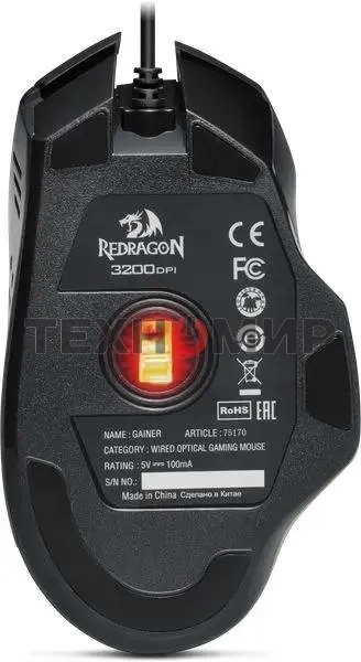 Мышь проводная Redragon Gainer черный, 3200 dpi, USB, кнопки - 6