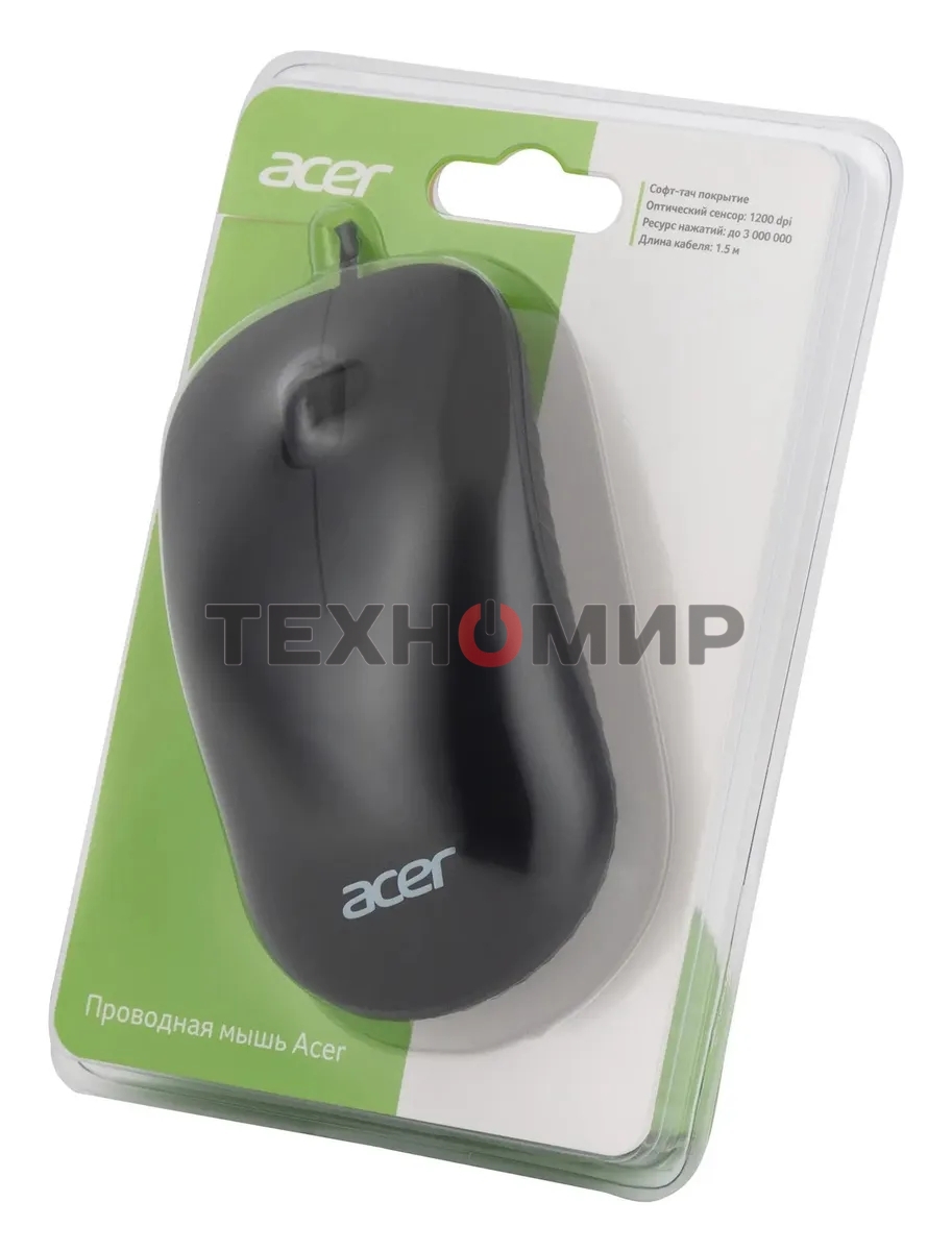 Мышь проводная Acer OMW122 черный, 1200 dpi, USB, кнопки - 3