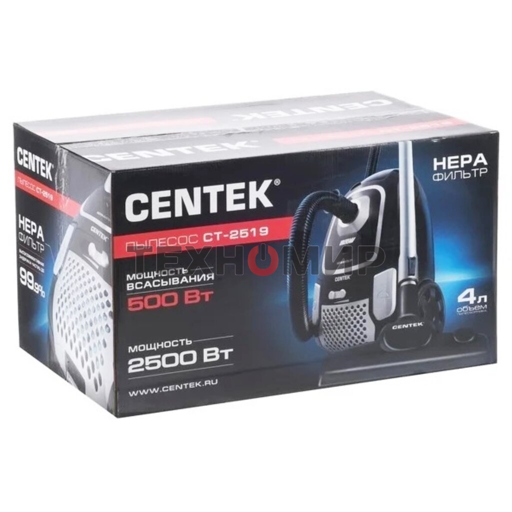 Пылесос Centek CT-2519 черный/хром, 500/2500 Вт, уборка сухая, пылесборник мешок 4 л