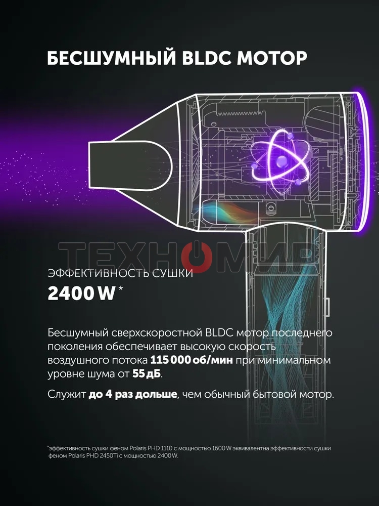 Фен Polaris PHD-1110 графитовый, 1600 Вт, ионизация