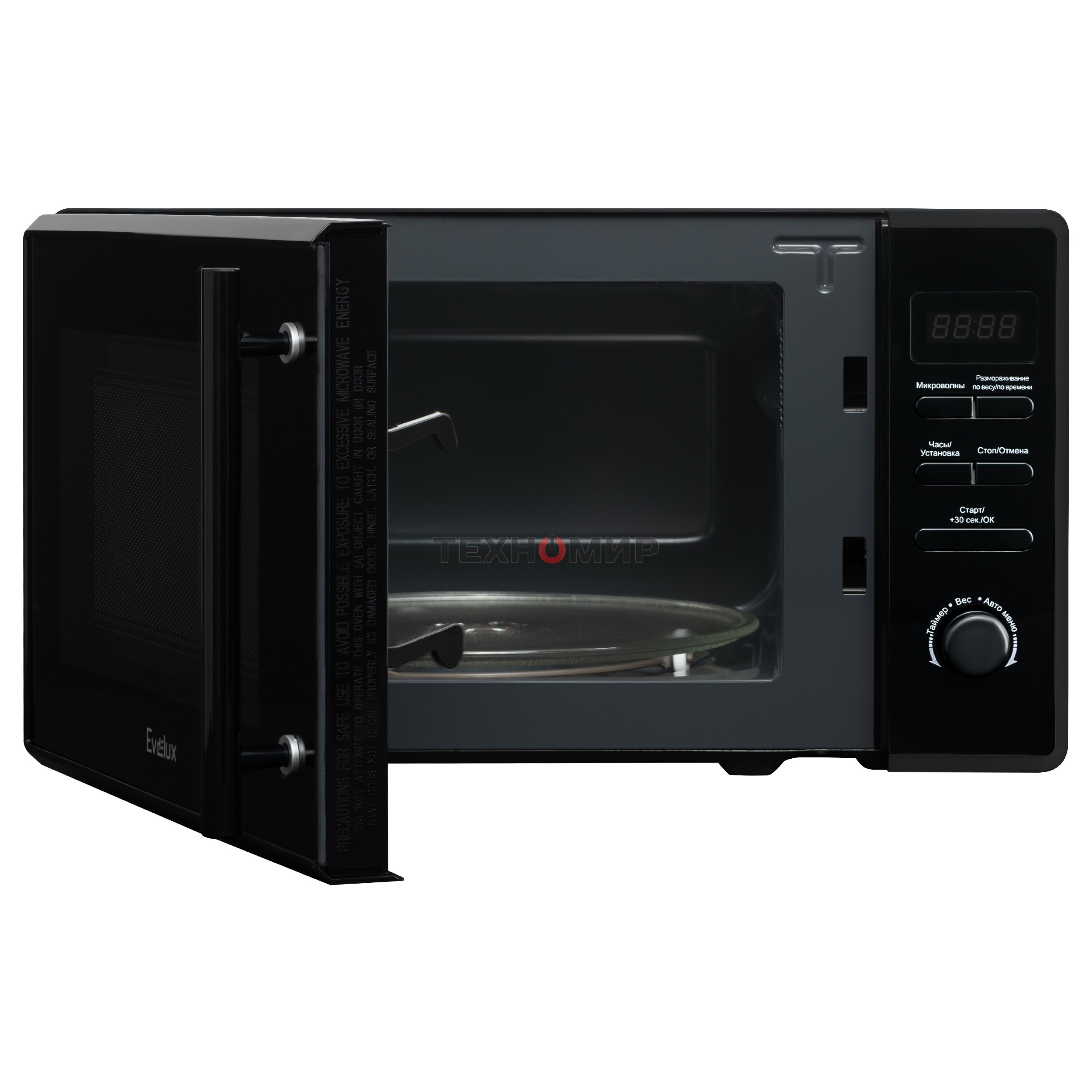 Микроволновая печь Evelux MW 203 B черный, 20 л, 700 Вт, переключатели - кнопки, поворотный механизм
