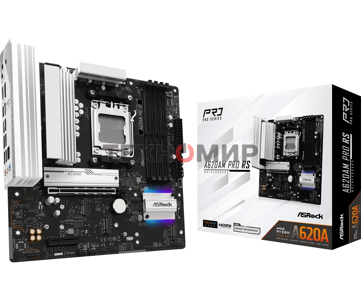 Материнская плата ASRock A620AM Pro RS, AM5, AMD A620, 4xDDR5, 2xSATA, 3xM.2, 1xPCIe 4.0 x16, 1xPCIe 3.0 x2, 1xDP, 1xHDMI, 1x2.5Gb LAN, 1xUSB-C 5Gbps, 3xUSB-A 5Gbps, 4xUSB-A 2.0, 3x3.5 мм, 7.1, mATX