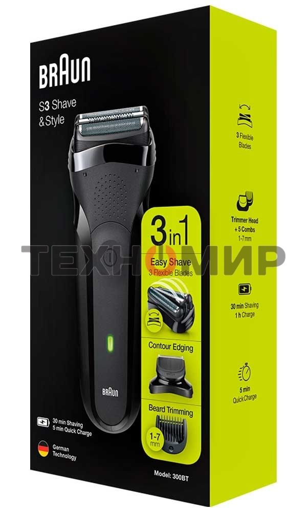 Электробритва Braun S3 300BT черная сухое бритье с триммером для бороды тип 5408