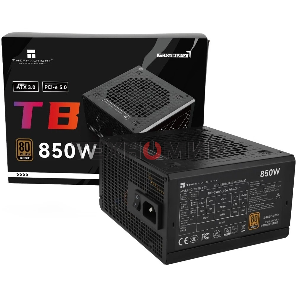 Блок питания Thermalright TR-TB850S 850W 80 PLUS Bronze, (ATX, 3, PCIe 5.0, Non-modular, 1x24(20+4)pin 550мм, 1xCPU*2 8(4+4)pin 600+150мм, 1xPCIe*2 8(6+2)pin 500+150мм, 1x12VHPWR PCIe 5.0 12+4pin 600мм, 1xSATA*3+MOLEX4pin*1 400+150+150+150мм, 1xSATA*2+MOL