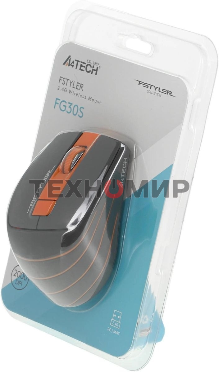 Мышь беспроводная A4Tech Fstyler FG30S серый/оранжевый, 2000 dpi, радиоканал, USB, кнопки - 6