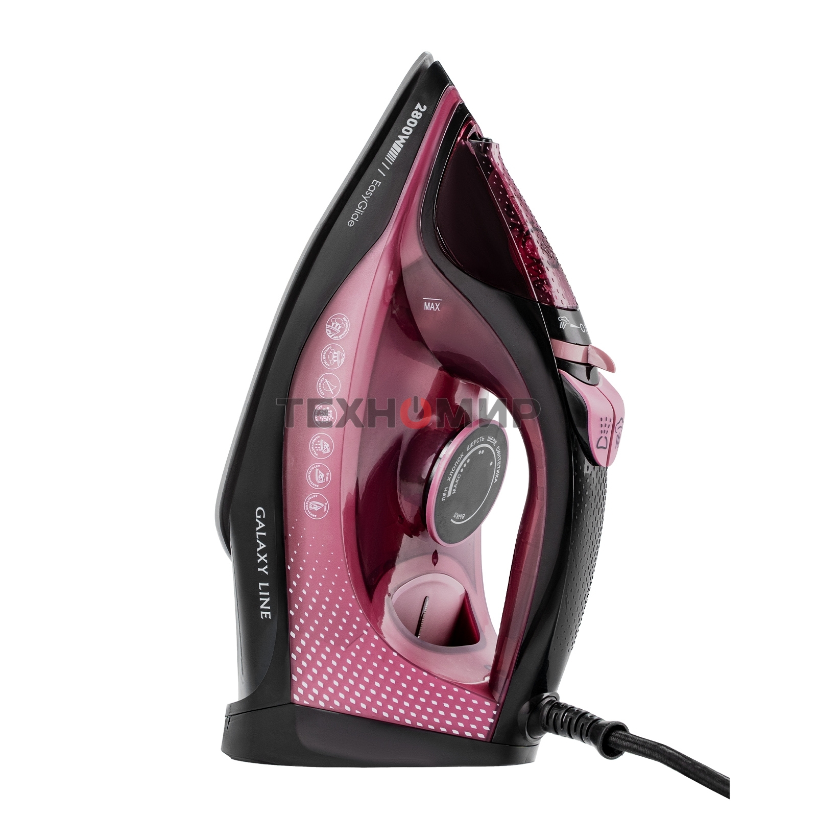 Утюг Galaxy Line GL 6132, розовый с черным, паровой, 2800 Вт, керамическое покрытие EasyGlide, функции: самоочистка, антикапля, антинакипь, указатель максимального уровня воды, индикатор нагрева, вертикальное отпаривание, паровой удар, регулировка подачи 