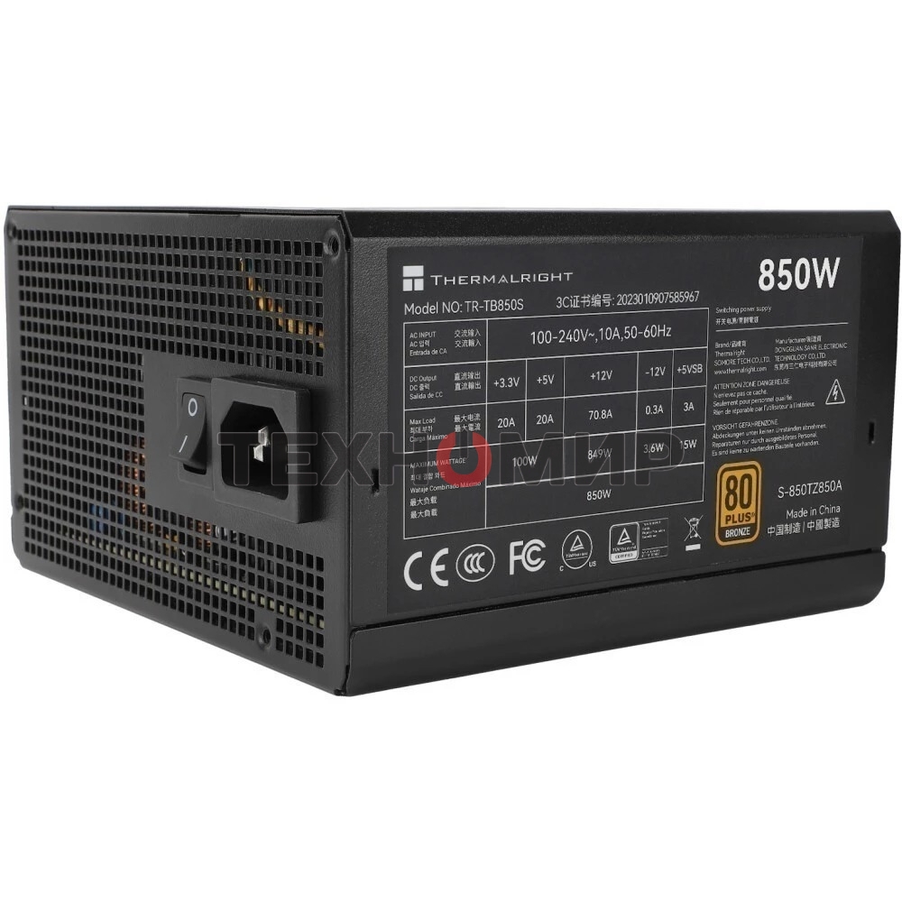 Блок питания Thermalright TR-TB850S 850W 80 PLUS Bronze, (ATX, 3, PCIe 5.0, Non-modular, 1x24(20+4)pin 550мм, 1xCPU*2 8(4+4)pin 600+150мм, 1xPCIe*2 8(6+2)pin 500+150мм, 1x12VHPWR PCIe 5.0 12+4pin 600мм, 1xSATA*3+MOLEX4pin*1 400+150+150+150мм, 1xSATA*2+MOL