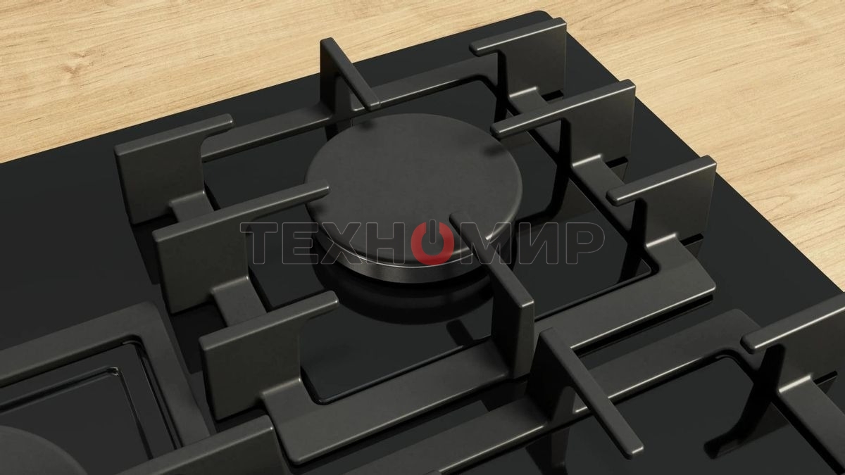 Газовая варочная панель Bosch PPQ7A6I45, 75 см, закаленное стекло, черная, 5 конфорок, 1 WOK-конфорка c 2 контурами пламени, 1 конфорка повышенной мощности, FlameSelect, индивидуальные чугунные решетки, газ-контроль, автоматический электроподжиг, сделано 