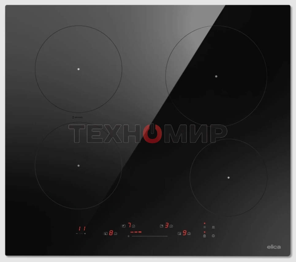 Индукционная варочная панель Elica, 60 см, слайдерное управление, 4 конфорки, таймер, режим подогрева, пауза, Bridge zone, защита от детей, черный