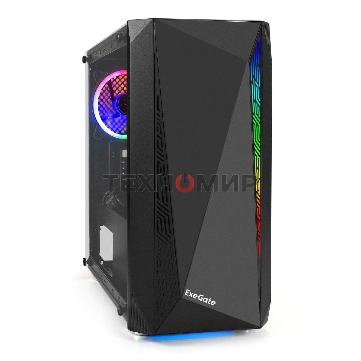 Компьютерный корпус Minitower ExeGate Mistery R2-NPX450 (mATX, БП 450NPX с вент. 12 см, 2*USB+1*USB 3.0, аудио, черный, 1 вент. 12см с RGb подсветкой и полоса на передней панели, боковая панель - закаленное стекло)