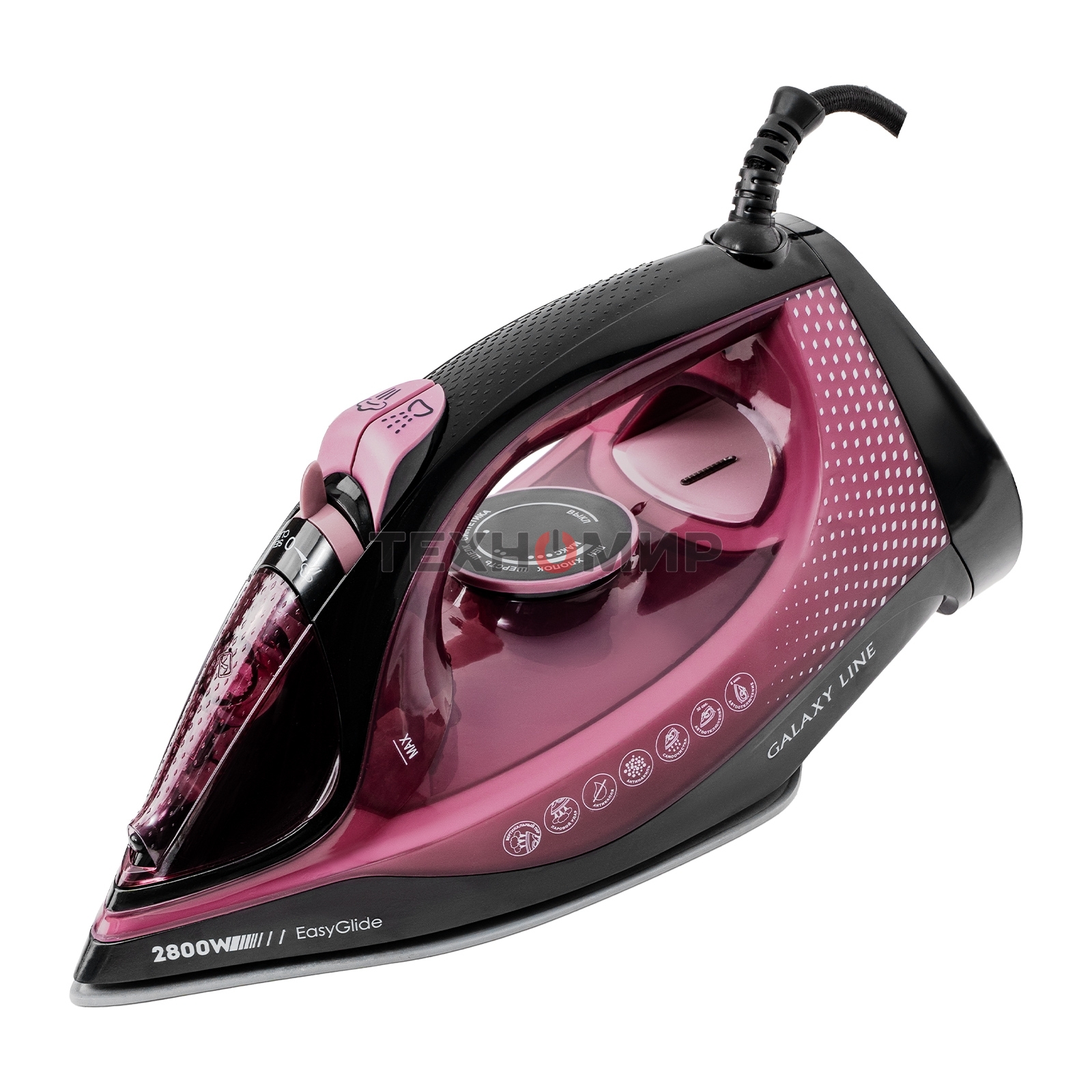 Утюг Galaxy Line GL 6132, розовый с черным, паровой, 2800 Вт, керамическое покрытие EasyGlide, функции: самоочистка, антикапля, антинакипь, указатель максимального уровня воды, индикатор нагрева, вертикальное отпаривание, паровой удар, регулировка подачи 