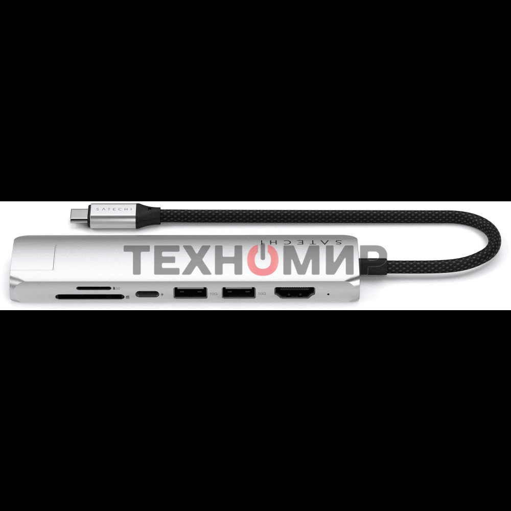 Док-станция (USB-хаб) Satechi ST-P7SS 7-in-1 USB-C Slim Multiport Adapter with Ethernet (Type-C,HDMI, 2xType-A, SD,microSD, RJ-45), до 80 Вт серебристый