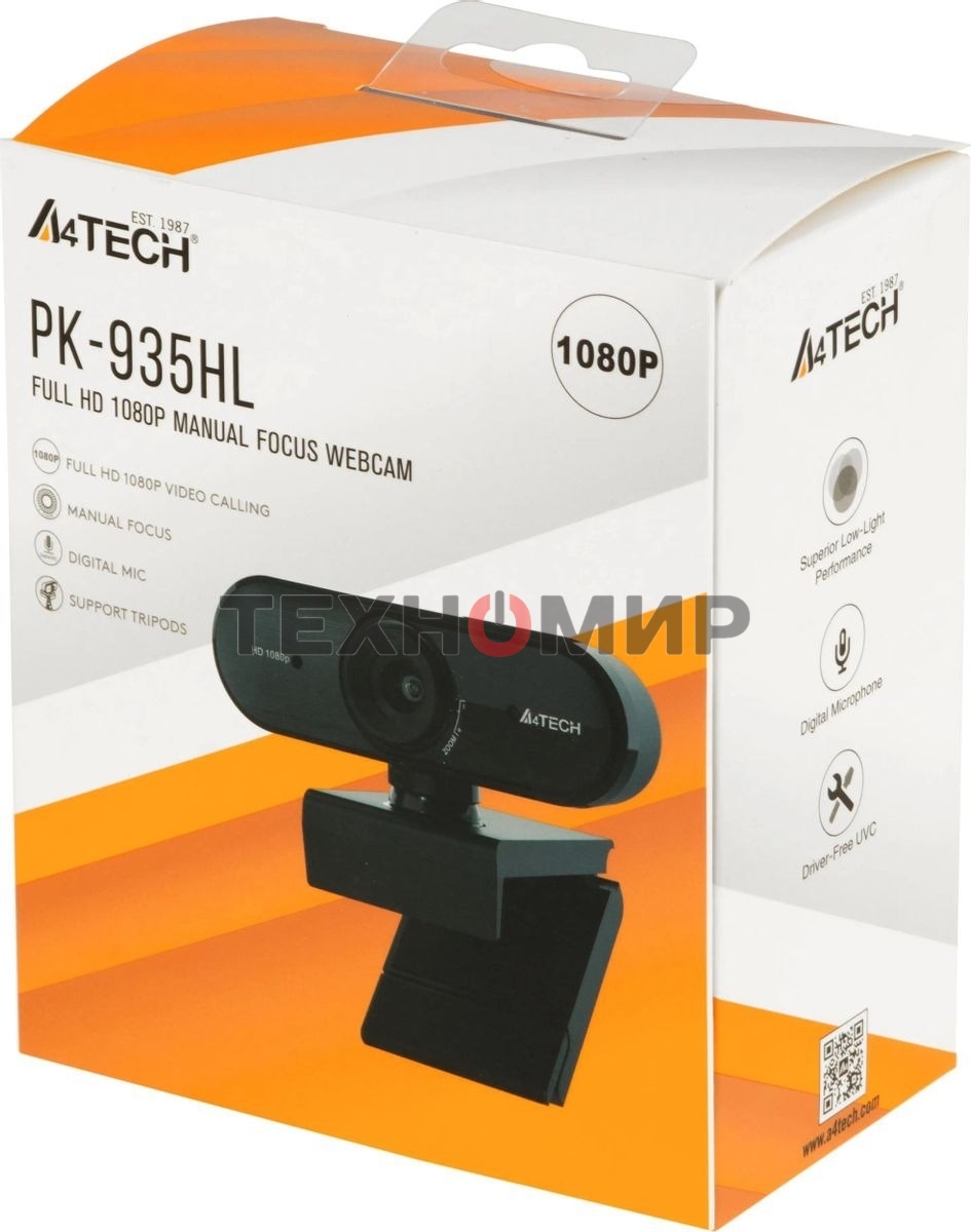 Веб-камера A4Tech PK-935HL 1920x1080, 30 кадр/с, USB Type-A, микрофон, ручная фокусировка, универсальное крепление