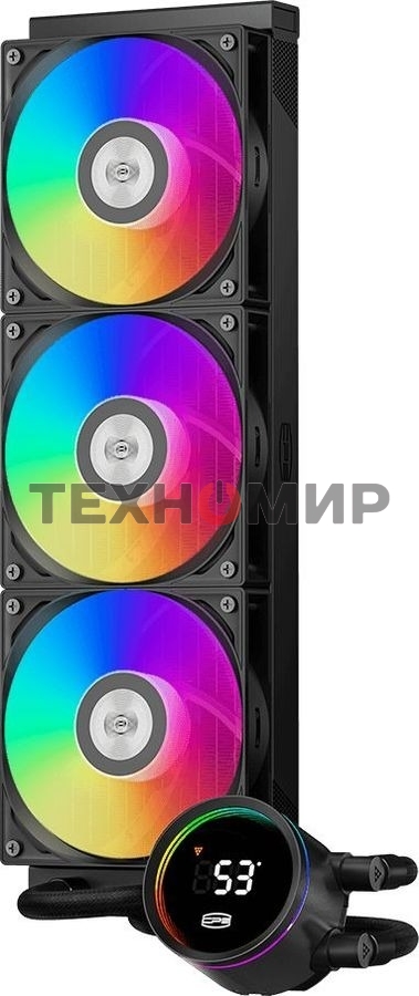 Система охлаждения PCCooler DA360 Pro ARGb Digital BK (300W, 360мм, LED temp., Black, ARGb/Fans: 3x120мм, 75.8CFM, 33.7dBA, 2200RPM/Pump height 57мм, 28dBA, 3000RPM, Rad thickness 27мм/S: 1851, 1700, 1200, 20XX, 115X, AM5, AM4)
