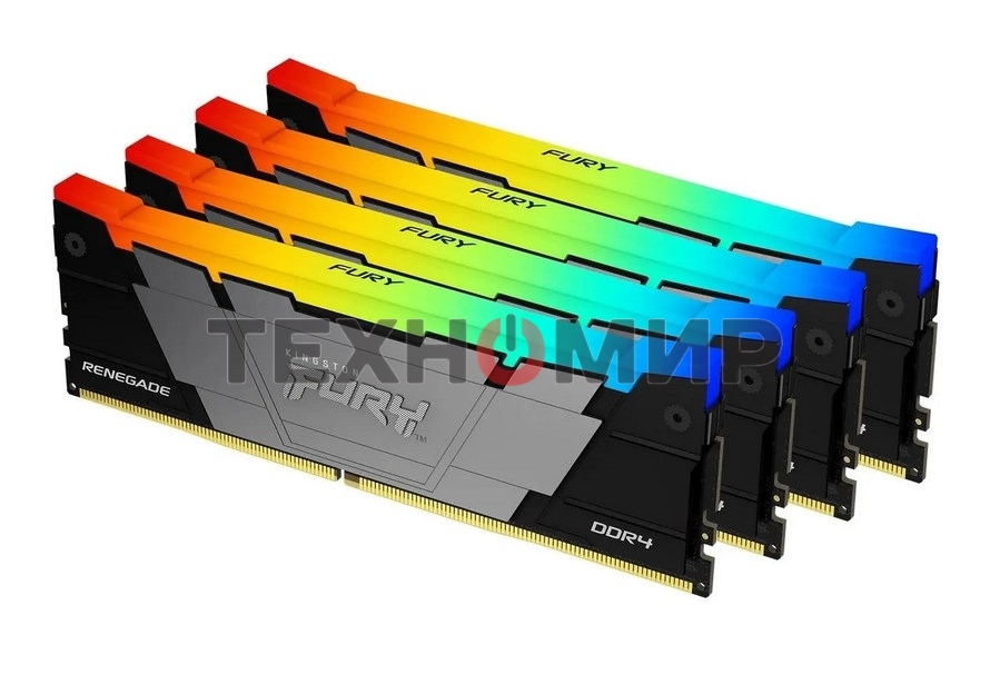 Оперативная память Kingston Fury Renegade, DDR4, 128Gb (4x32Gb), 3600MHz, CL18, DIMM, радиатор, RGB, черный/серебристый