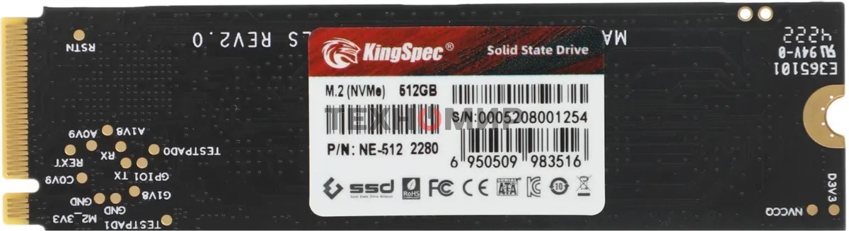Накопитель SSD KingSpec NE-512, 512Gb, M.2 2280, PCIe 3.0 x4, NVMe, R/W 2400/1700