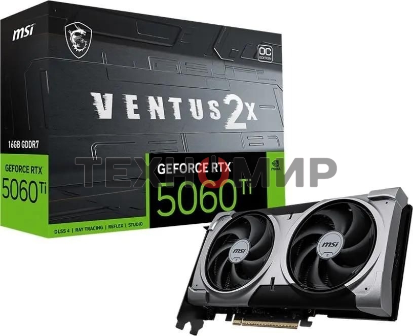 Видеокарта MSI RTX 5060 Ti VENTUS 2X OC PLUS, NVIDIA RTX 5060 Ti, 16 ГБ GDDR7, 128 бит, PCI-e 5.0, 1xHDMI, 3xDP, 2602 МГц