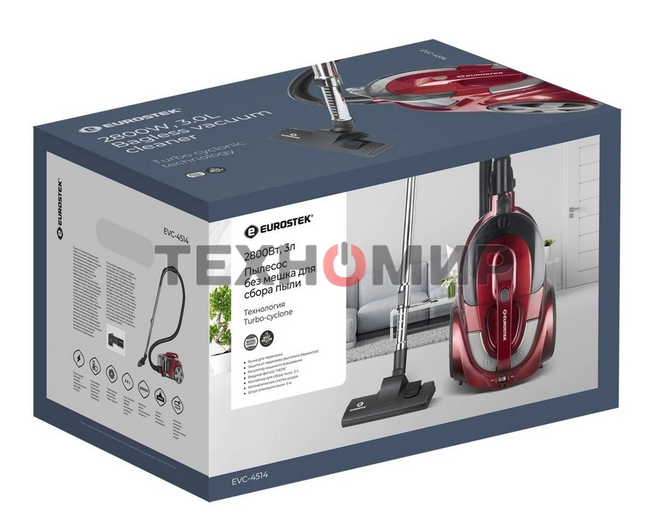 Пылесос Eurostek EVC-4514 красный, 500/2800 Вт, уборка сухая, пылесборник контейнер 3 л
