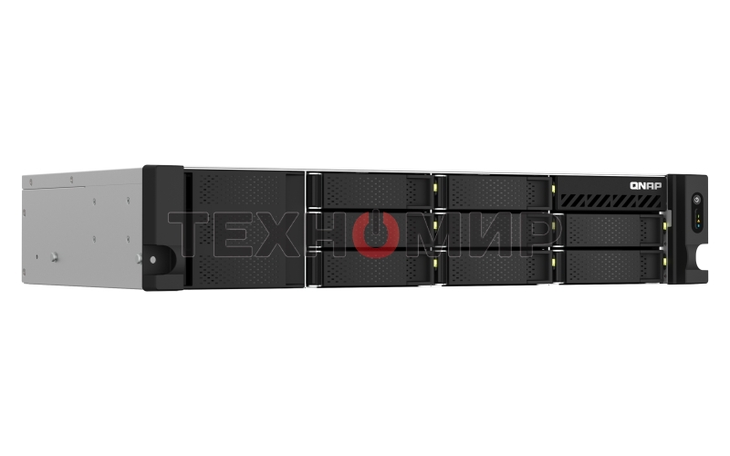 Сетевое хранилище SMB QNAP TS-873AeU-4G NAS 8x3.5/2.5 SATA/SSD trays, 2 x M2 PCIe, 2x 2.5 GbE, 2U rackmount, 1 PSU. AMD Ryzen V1500B 4-core/8-thread 2.2 GHz processor, 4 Gb DDR4 RAM (1*4 Gb) up to 64Gb (2*32 Gb). W/o rail kit RAIL-B02