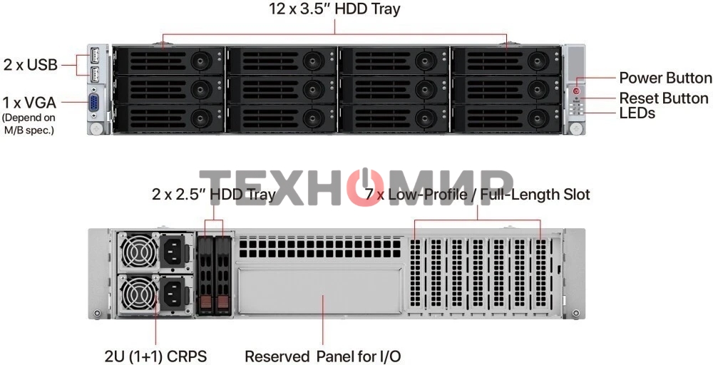 Серверный корпус Ablecom 2U CS-R29-04P E-ATX, ATX, Micro-ATX, Mini-ITX MBs; 12 x 3.5'' hs + 2 x 2.5'' hs rear; 800 Wt CRPS(1+1); no rails