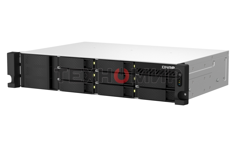 Сетевое хранилище SMB QNAP TS-873AeU-4G NAS 8x3.5/2.5 SATA/SSD trays, 2 x M2 PCIe, 2x 2.5 GbE, 2U rackmount, 1 PSU. AMD Ryzen V1500B 4-core/8-thread 2.2 GHz processor, 4 Gb DDR4 RAM (1*4 Gb) up to 64Gb (2*32 Gb). W/o rail kit RAIL-B02