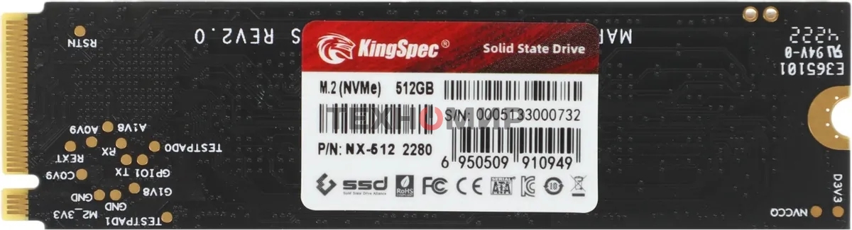 Накопитель SSD KingSpec NX-512, 512Gb, PCIe 3.0 x4, M.2 2280, NVMe, R/W 3400/3100