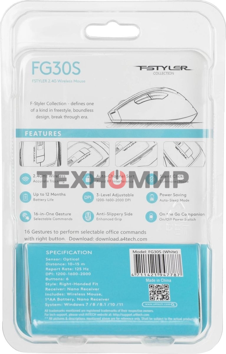 Мышь беспроводная A4Tech Fstyler FG30S белый/серый, 2000 dpi, радиоканал, USB, кнопки - 6