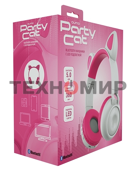 Гарнитура BT QUMO Party Cat ВТ 0025 (бело-розовая) c подсветкой, FM-радио, MicroSD, накладная, Bluetooth 5.0+EDR, 360 мА-ч, до 10 часов работы, пластик+экокожа.