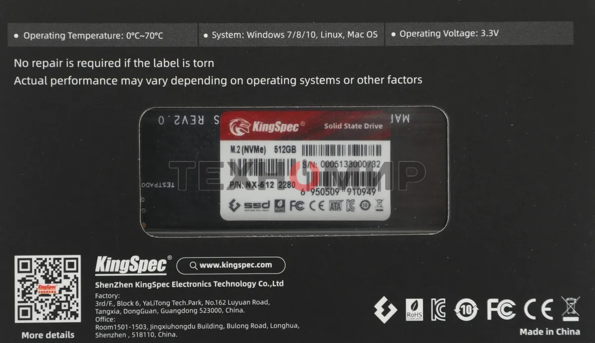 Накопитель SSD KingSpec NX-512, 512Gb, PCIe 3.0 x4, M.2 2280, NVMe, R/W 3400/3100
