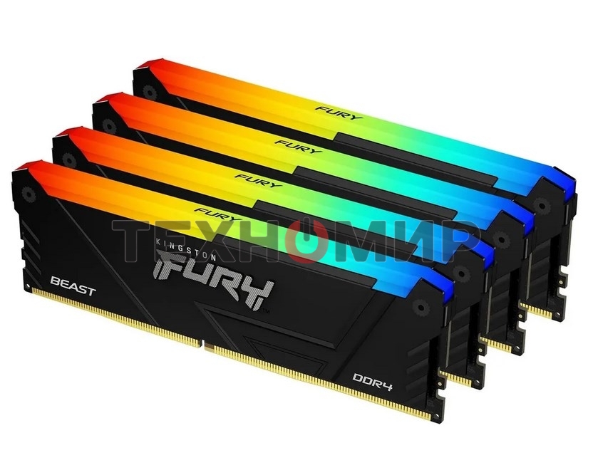 Оперативная память Kingston Fury Beast, DDR4, 32GB (4x8GB), 3600MHz, CL17, DIMM, с радиаторами, RGB, черный