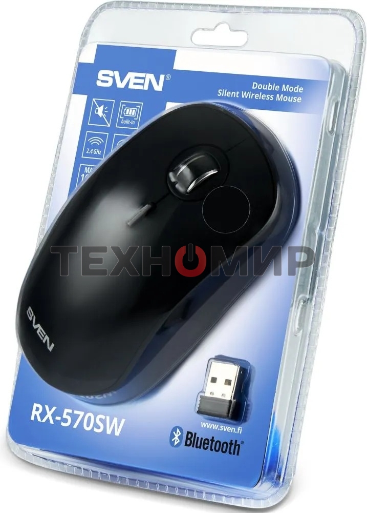 Мышь беспроводная SVEN RX-570SW черный, 1600 dpi, радиоканал, Bluetooth, USB, кнопки - 4