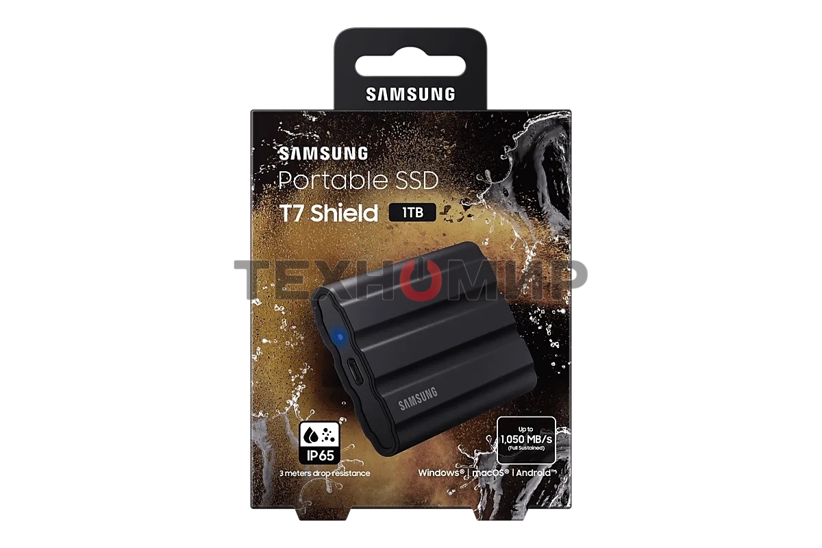 Внешний SSD Samsung T7 Shield, 1TB, USB 3.2 Gen 2 Type-C, R/W 1050/1000, черный
