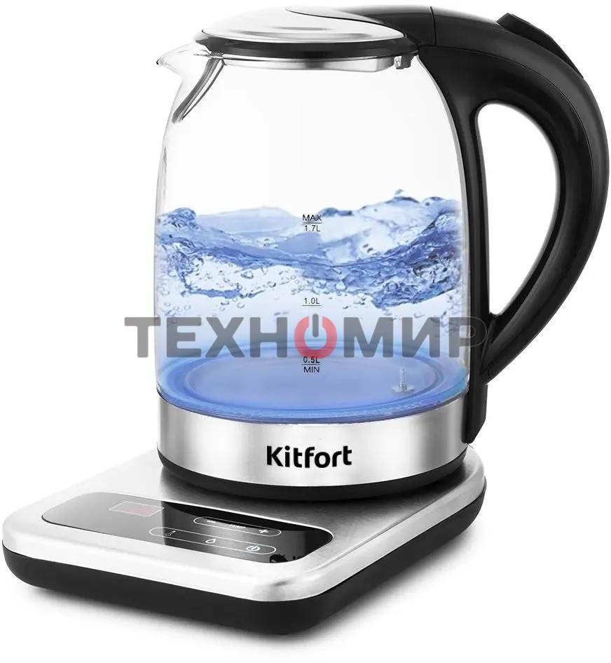 Чайник электрический Kitfort КТ-657, 1.7 л, 2200 Вт, (корпус: стекло), нержавеющая сталь/черный