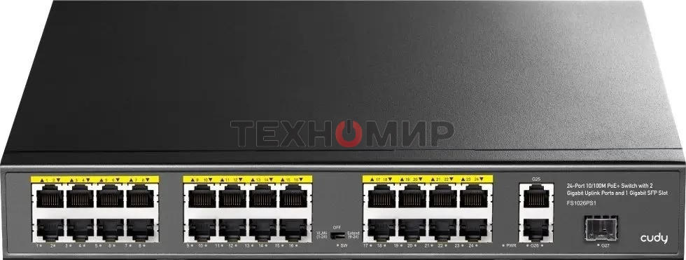 Коммутатор Cudy FS1026PS1, (L2) 24x100 Мбит/с 2x1 Гбит/с, 1SFP, 24PoE, 24PoE+ 300W, неуправляемый