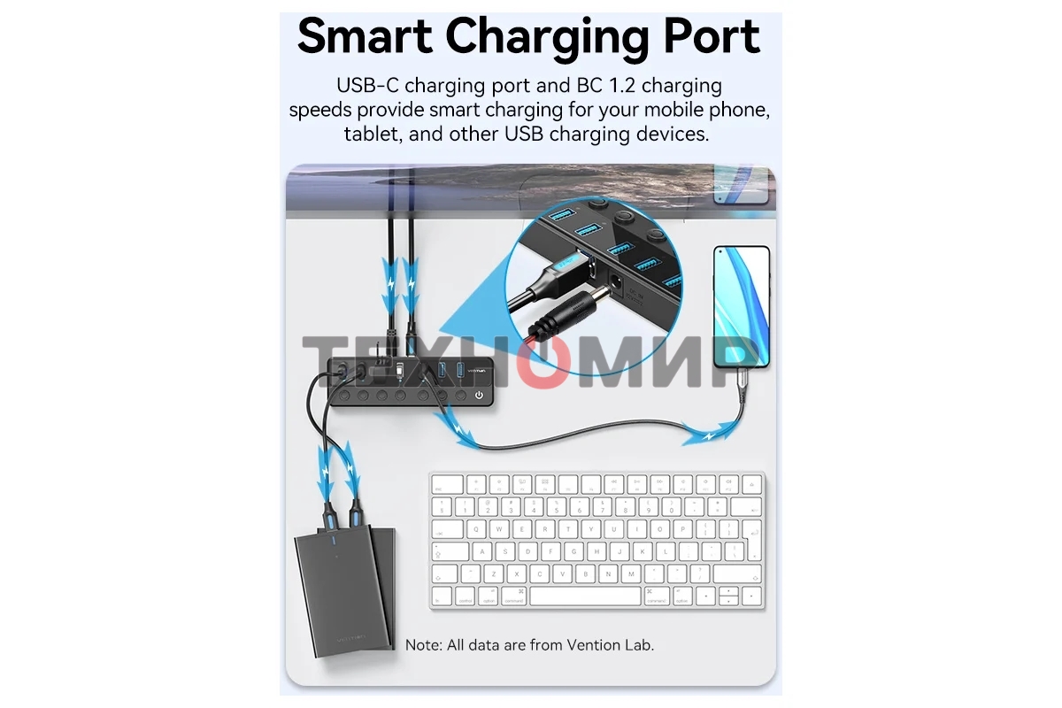 USB-концентратор Vention OTG USB 3.0 на 7 портов черный