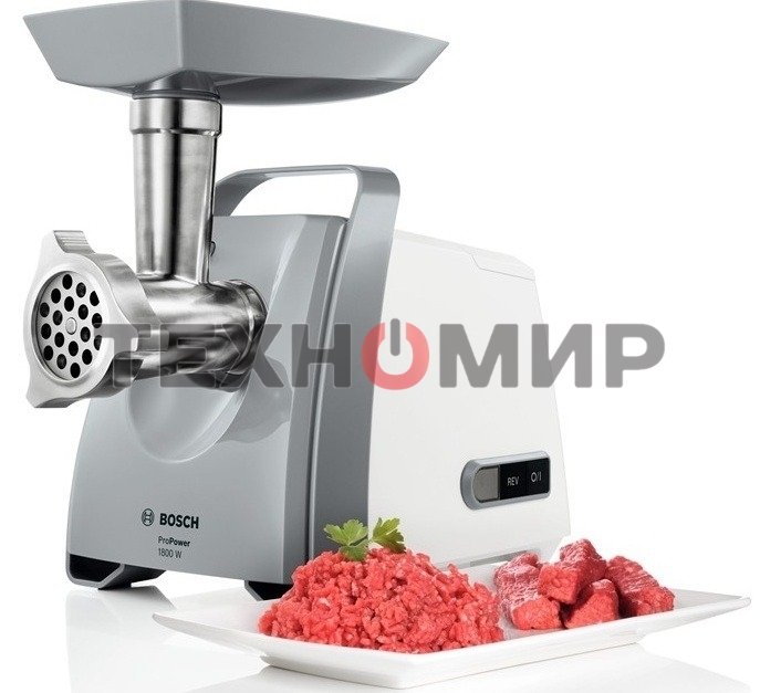 Мясорубка электрическая Bosch MFW 66020 белый/серый, 1800 Вт, 3.0 кг/мин, насадки - 5