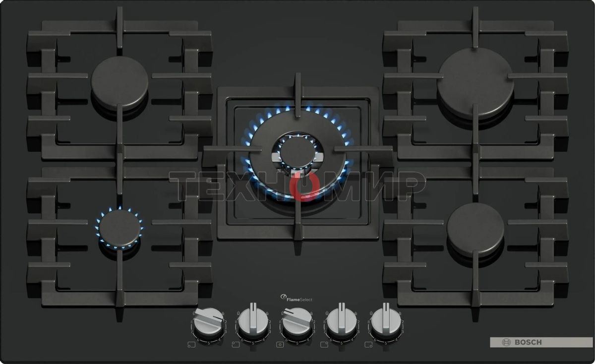 Газовая варочная панель Bosch PPQ7A6I45, 75 см, закаленное стекло, черная, 5 конфорок, 1 WOK-конфорка c 2 контурами пламени, 1 конфорка повышенной мощности, FlameSelect, индивидуальные чугунные решетки, газ-контроль, автоматический электроподжиг, сделано 